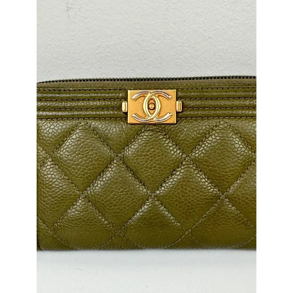 CHANEL Khaki Green Continental Wallet Leather Quilted Inner Pocket Zip Around